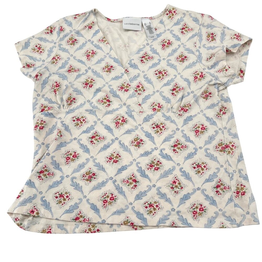 Liz Claiborne Women's Floral Patterned V-Neck Top‎ XL Short Sleeve Vintage 90s